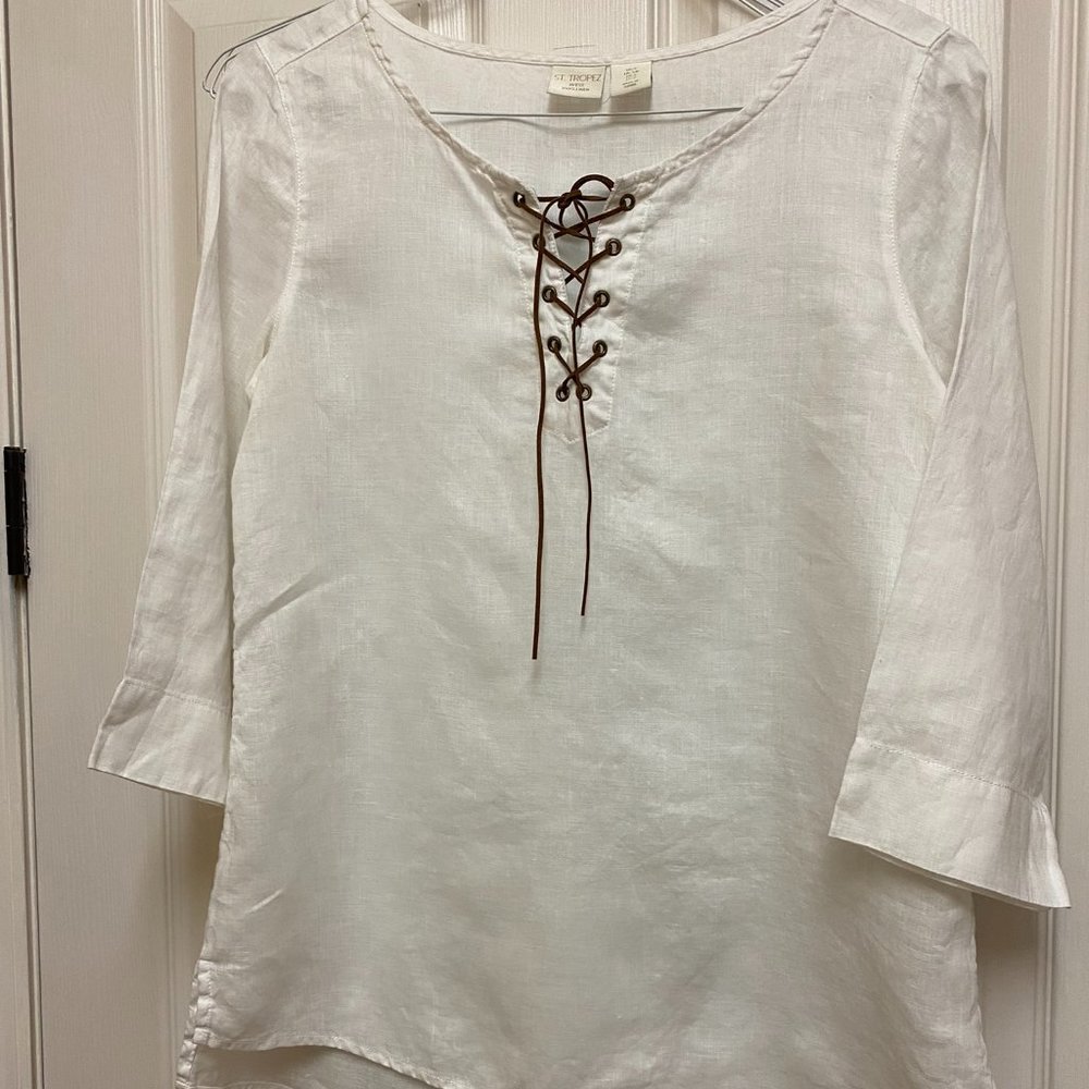 St. Tropez Linen Blouse with Lace up Closure Lightweight & cool Size S